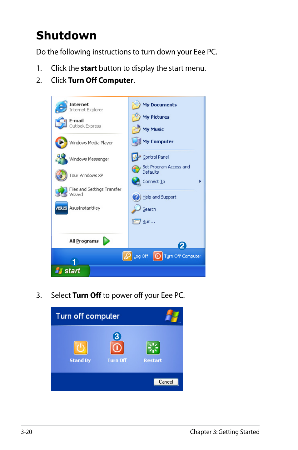 Shutdown, Shutdown -20 | Asus Eee PC 901/XP User Manual | Page 44 / 84