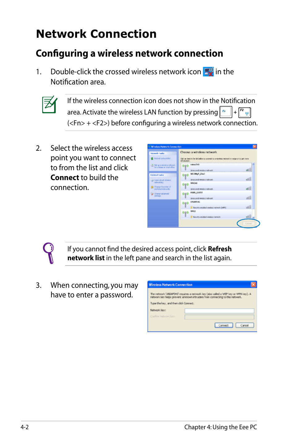 Network connection, Configuring a wireless network connection, Network connection -2 | Configuring a wireless network connection -2 | Asus Eee PC 901/XP User Manual | Page 46 / 84