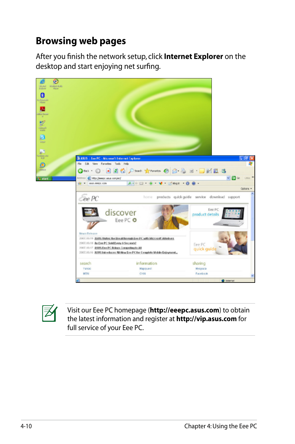Browsing web pages | Asus Eee PC 901/XP User Manual | Page 54 / 84