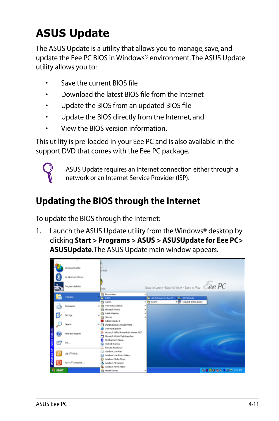 Asus update, Updating the bios through the internet, Asus update -11 | Updating the bios through the internet -11 | Asus Eee PC 901/XP User Manual | Page 55 / 84