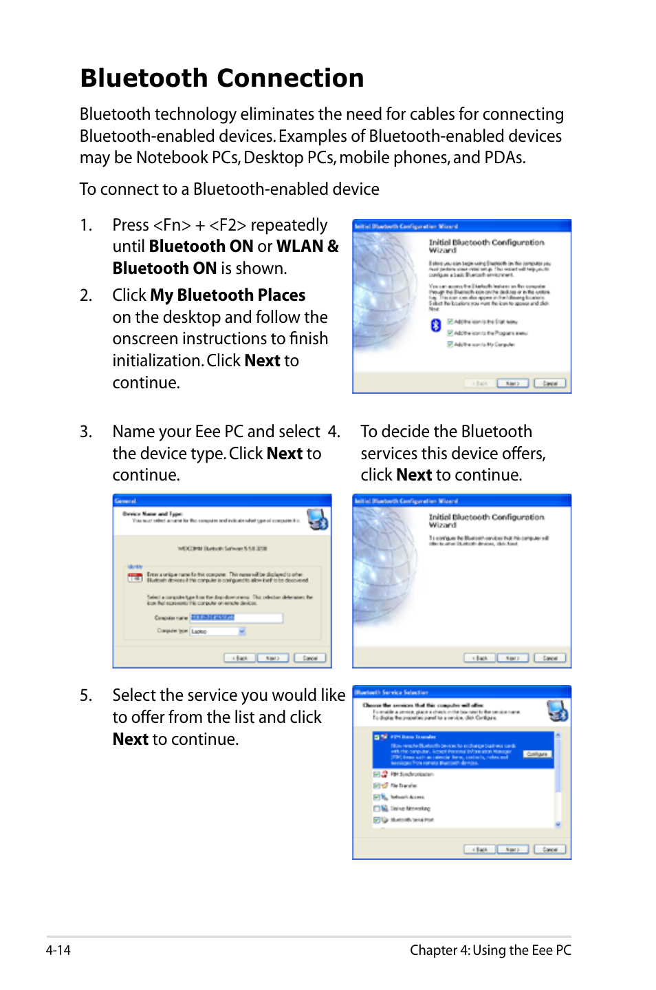 Bluetooth connection, Bluetooth connection -14 | Asus Eee PC 901/XP User Manual | Page 58 / 84