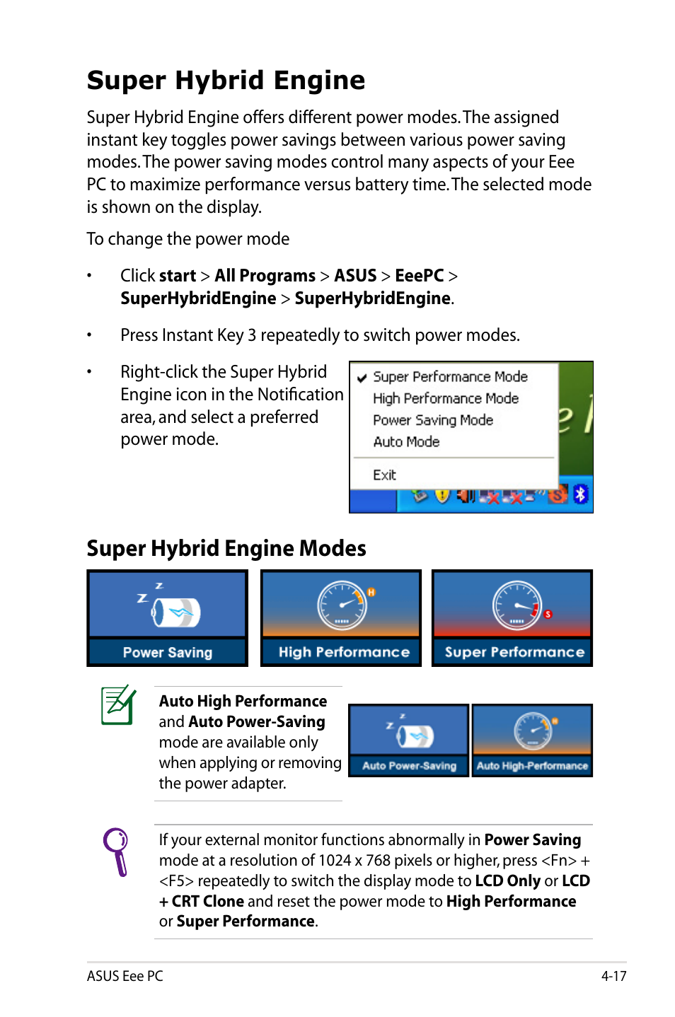 Super hybrid engine, Super hybrid engine modes, Super hybrid engine -17 | Super hybrid engine modes -17 | Asus Eee PC 901/XP User Manual | Page 61 / 84