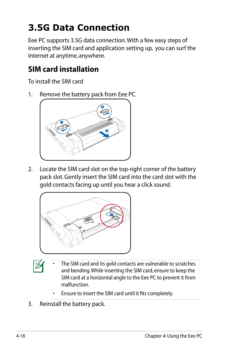 5g data connection, Sim card installation, 5g data connection -18 | Sim card installation -18, Reinstall the battery pack | Asus Eee PC 901/XP User Manual | Page 62 / 84