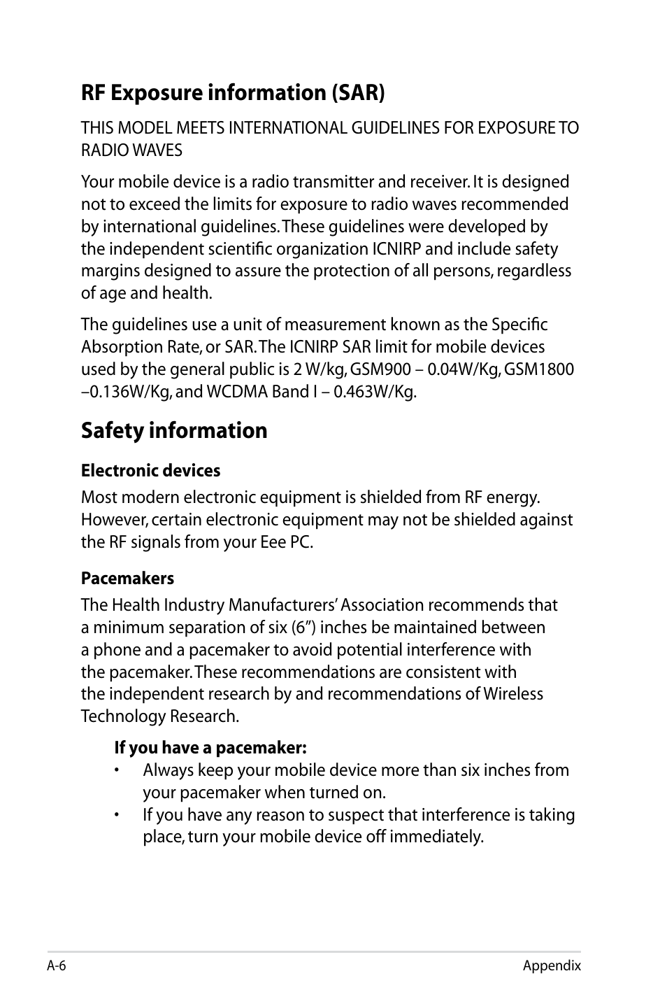 Rf exposure information (sar), Safety information | Asus Eee PC 901/XP User Manual | Page 76 / 84