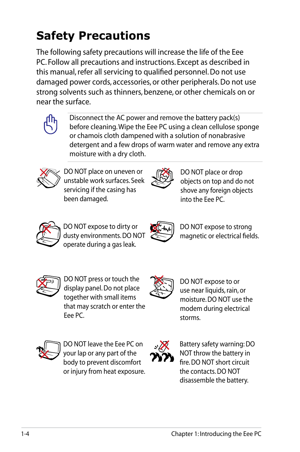 Safety precautions, Safety precautions -4 | Asus Eee PC 901/XP User Manual | Page 8 / 84