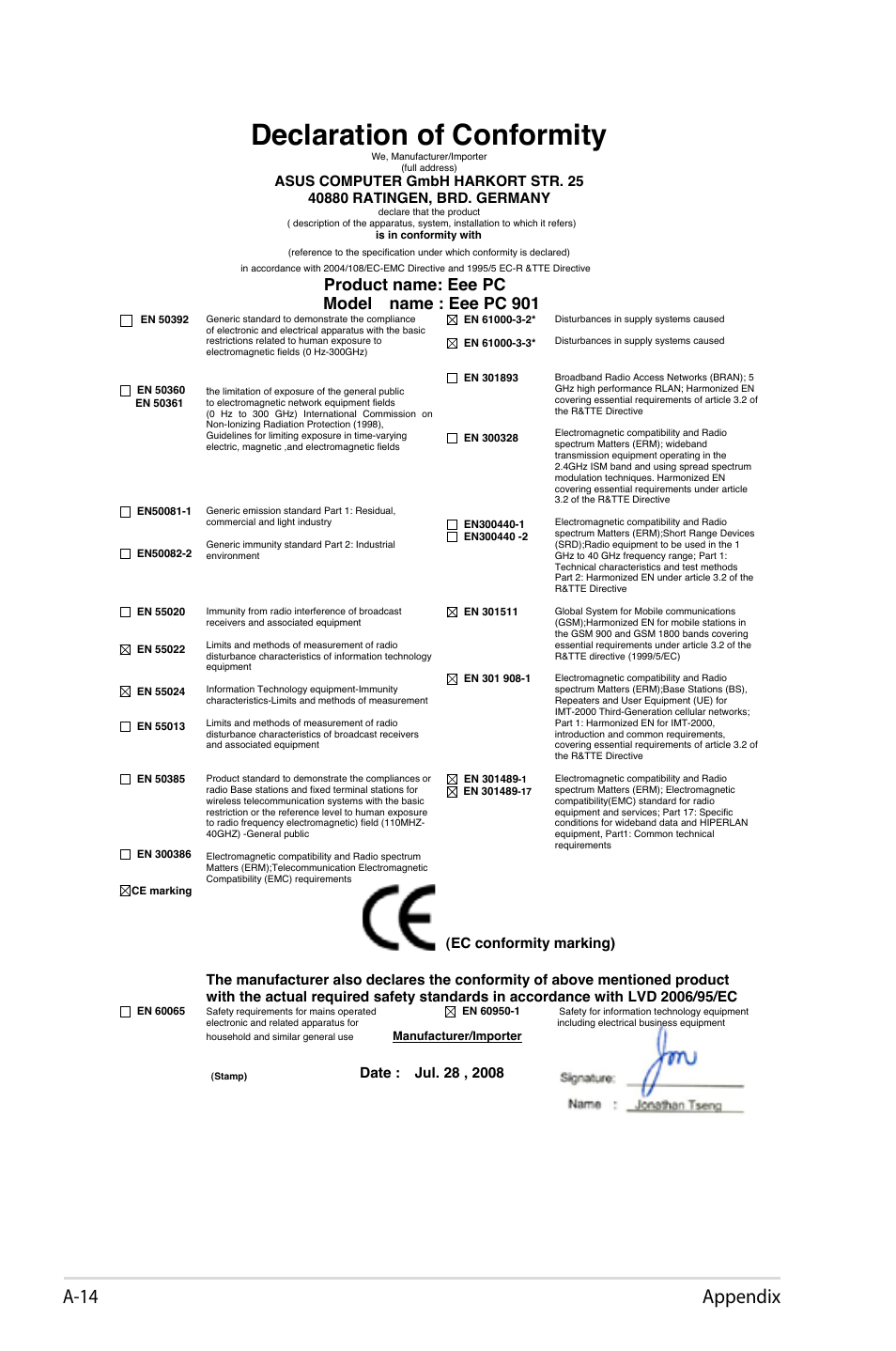 Declaration of conformity, A-14 appendix, Product name: eee pc model name : eee pc 901 | Ec conformity marking) | Asus Eee PC 901/XP User Manual | Page 84 / 84