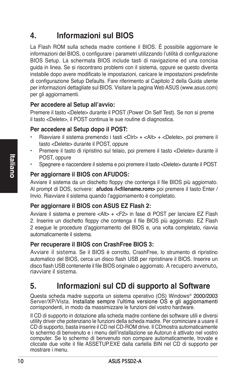 Informazioni sul bios, Informazioni sul cd di supporto al software, Italiano | Asus P5SD2-A User Manual | Page 10 / 38