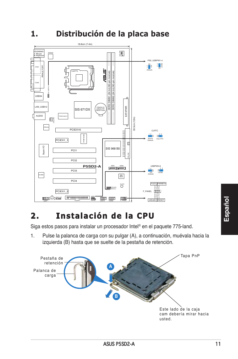 Español, Siga estos pasos para instalar un procesador intel, Asus p5sd2-a 11 | P5sd2-a, Sis 671dx | Asus P5SD2-A User Manual | Page 11 / 38