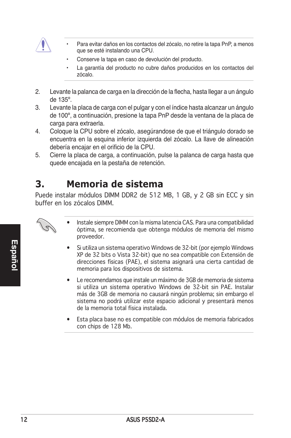 Español | Asus P5SD2-A User Manual | Page 12 / 38