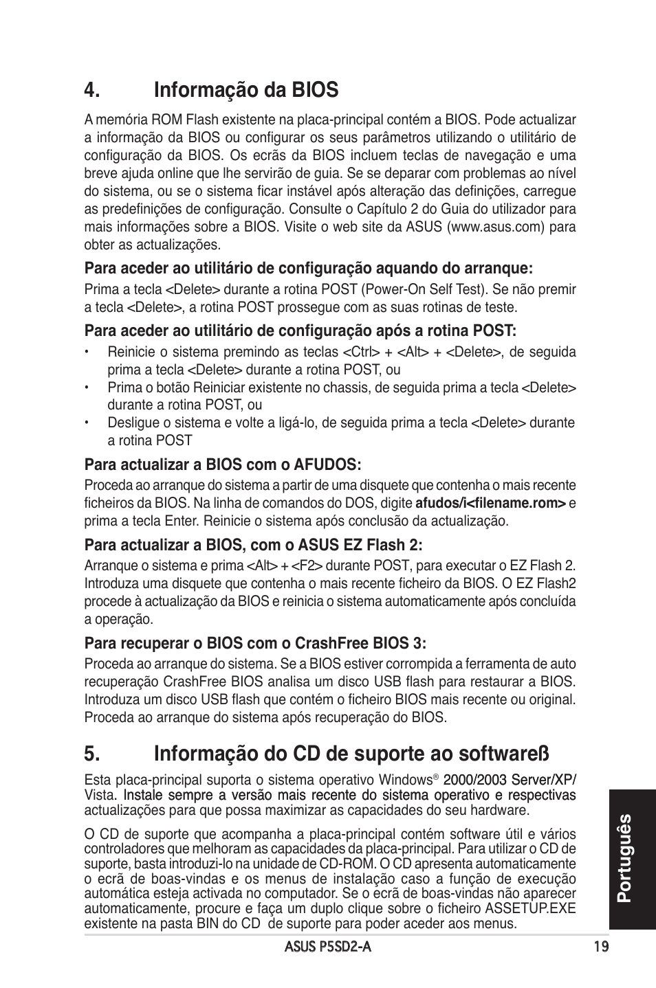 Informação da bios, Informação do cd de suporte ao softwareß, Português | Asus P5SD2-A User Manual | Page 19 / 38