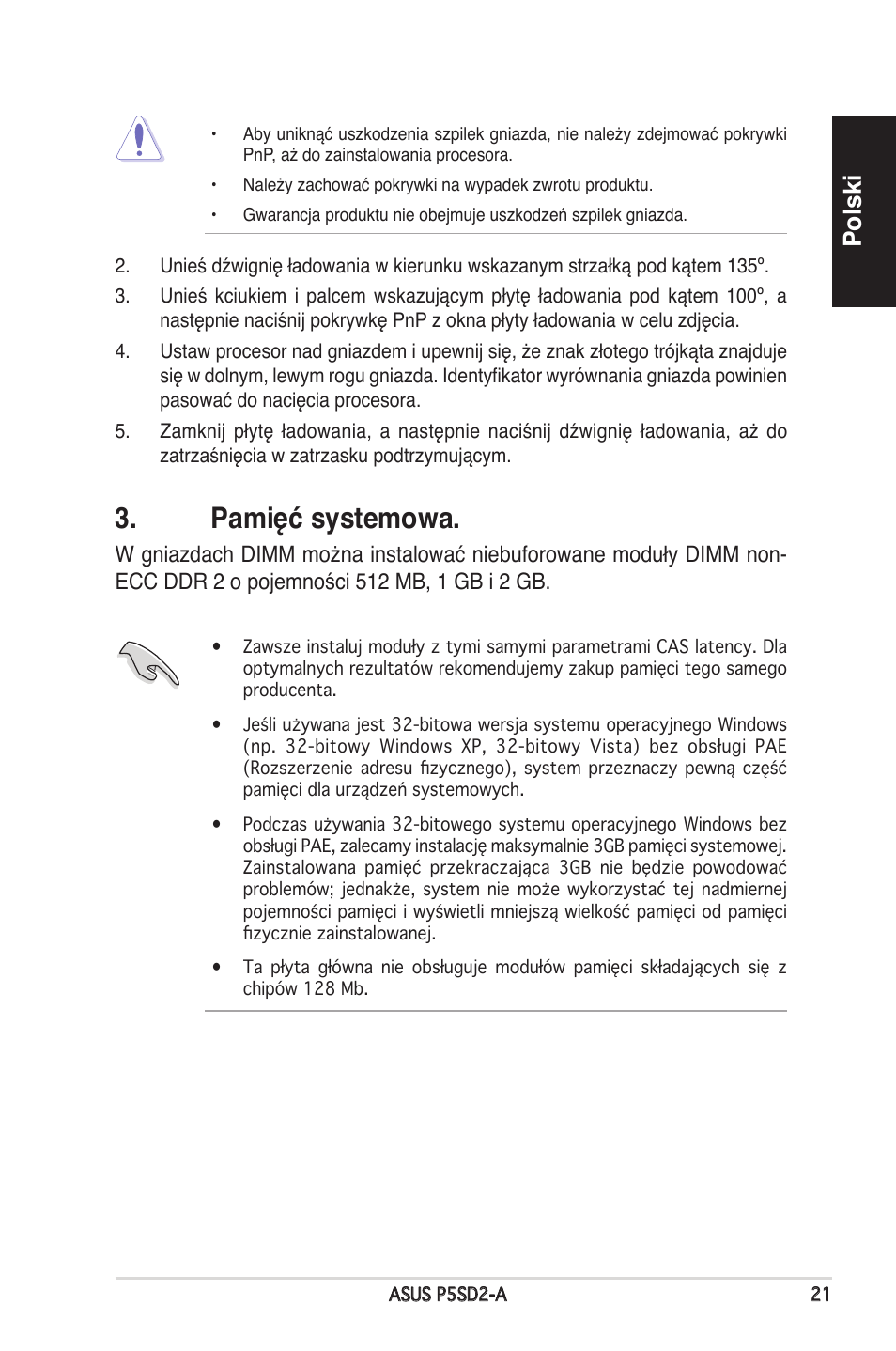 Pamięć systemowa, Polski | Asus P5SD2-A User Manual | Page 21 / 38