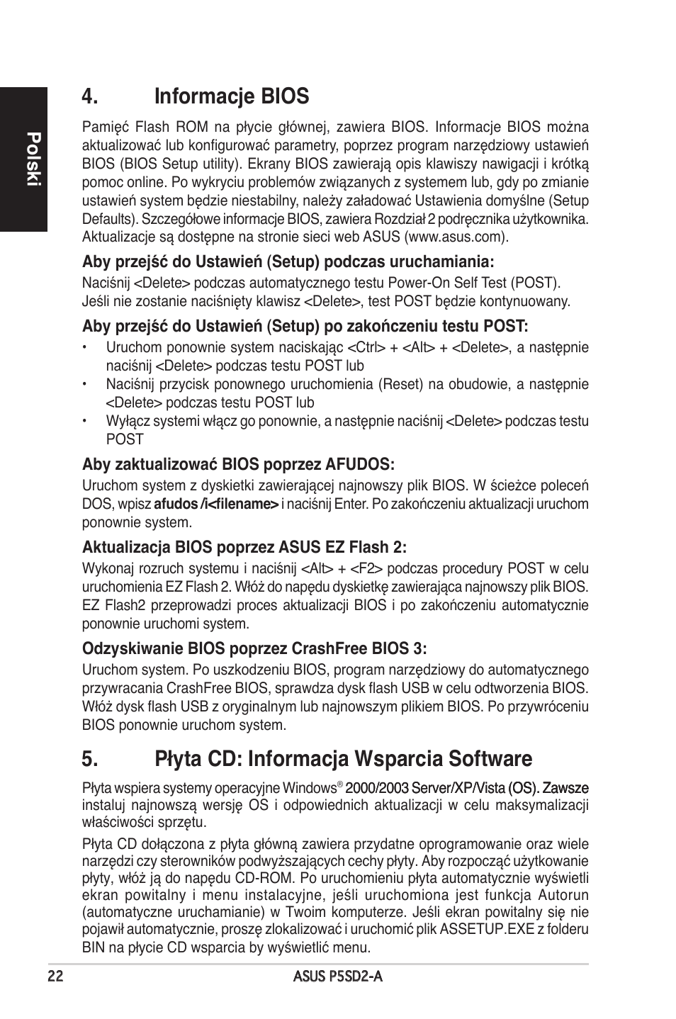 Informacje bios, Płyta cd: informacja wsparcia software, Polski | Asus P5SD2-A User Manual | Page 22 / 38