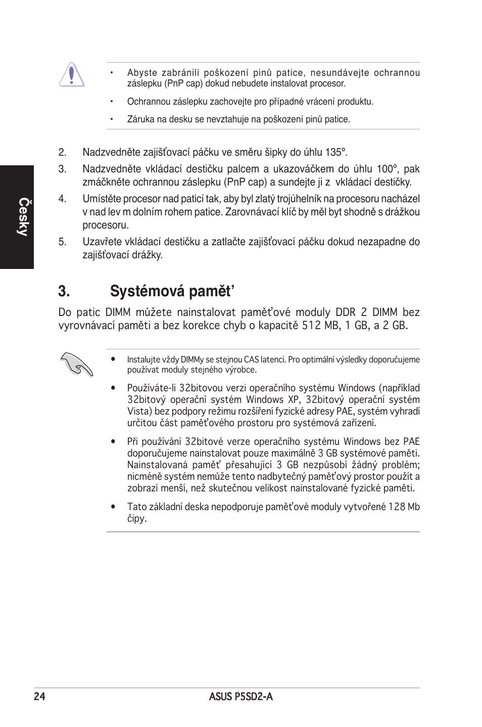 Systémová pamět, Česky | Asus P5SD2-A User Manual | Page 24 / 38