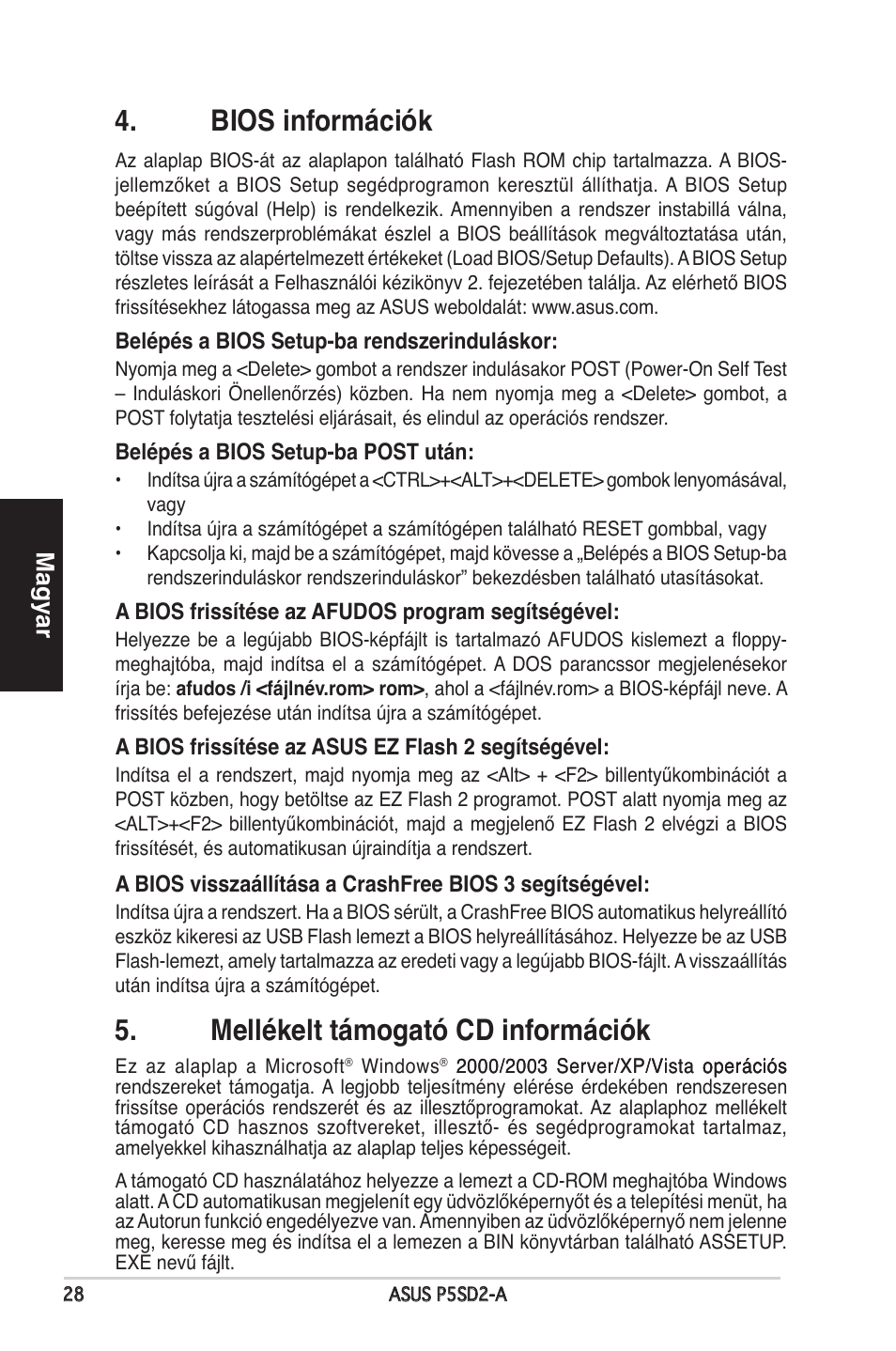 Bios információk, Mellékelt támogató cd információk, Magyar | Asus P5SD2-A User Manual | Page 28 / 38