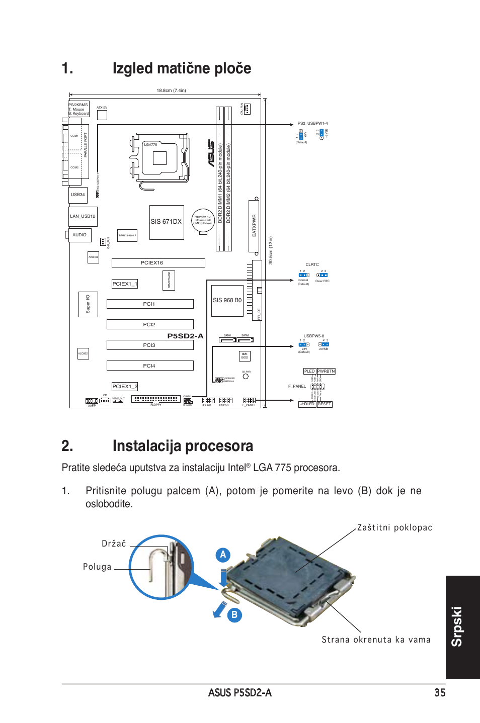 Izgled matične ploče 2. instalacija procesora, Srpski, Pratite sledeća uputstva za instalaciju intel | Asus p5sd2-a 35, P5sd2-a, Sis 671dx | Asus P5SD2-A User Manual | Page 35 / 38