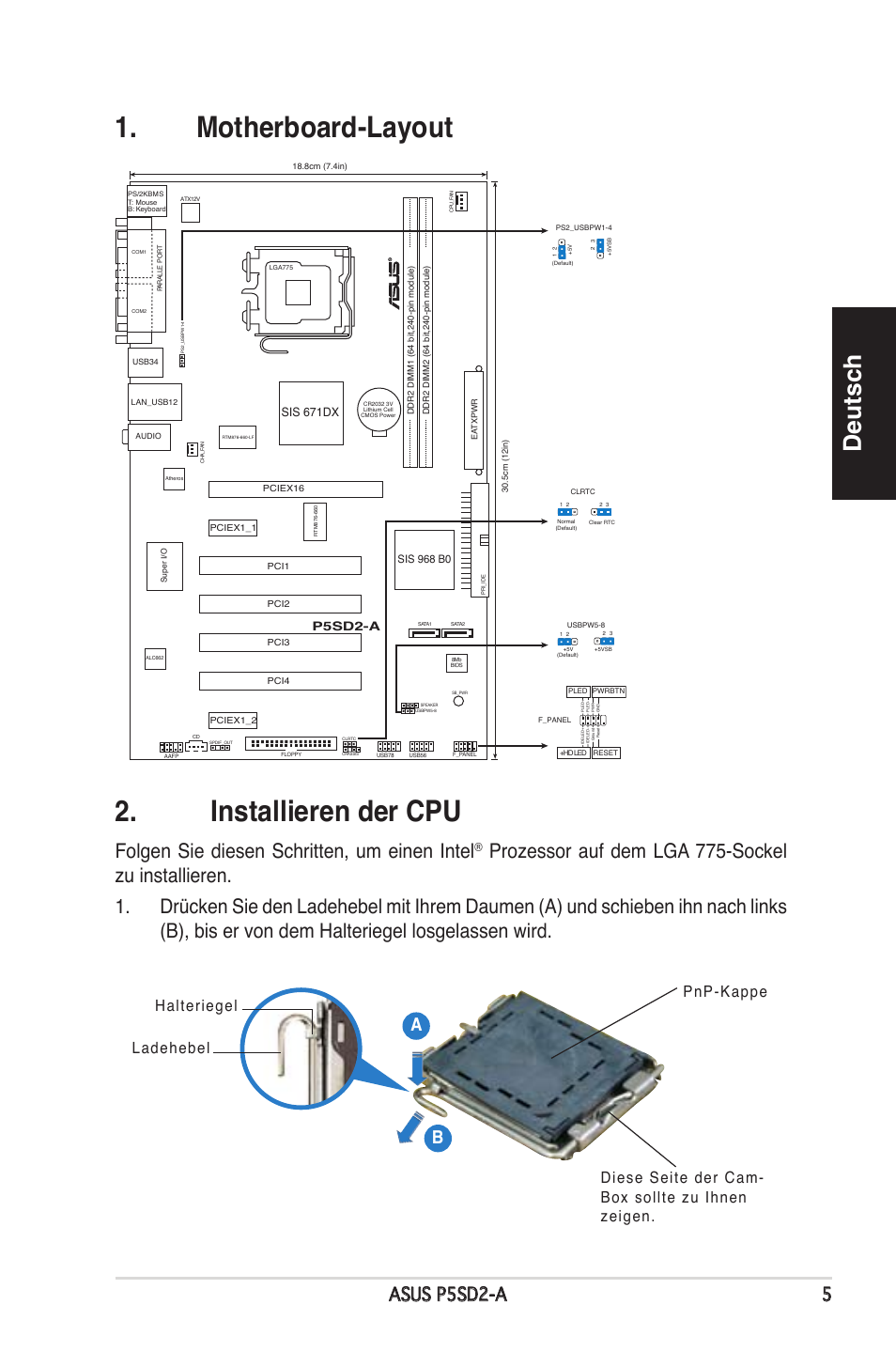 Motherboard-layout 2. installieren der cpu, Deutsch, Folgen sie diesen schritten, um einen intel | Asus p5sd2-a 5, P5sd2-a, Sis 671dx | Asus P5SD2-A User Manual | Page 5 / 38