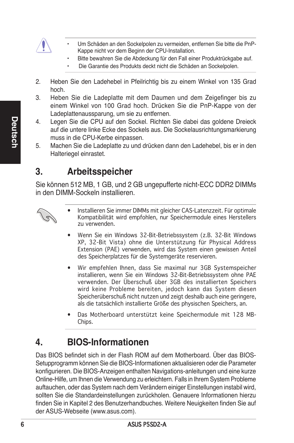Arbeitsspeicher, Bios-informationen, Deutsch | Asus P5SD2-A User Manual | Page 6 / 38