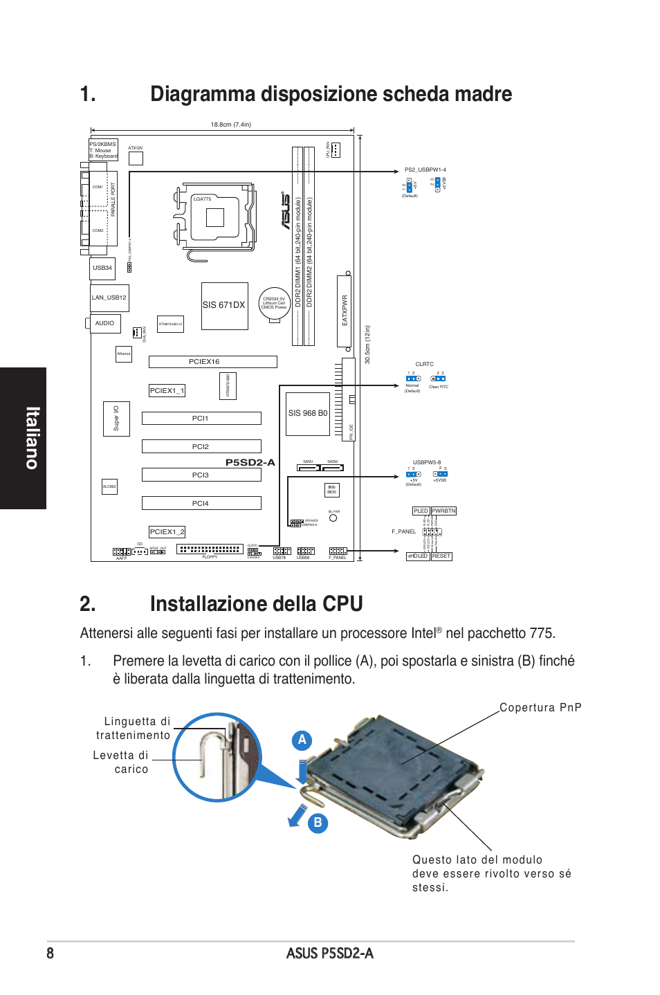 Italiano, Asus p5sd2-a, P5sd2-a | Sis 671dx | Asus P5SD2-A User Manual | Page 8 / 38