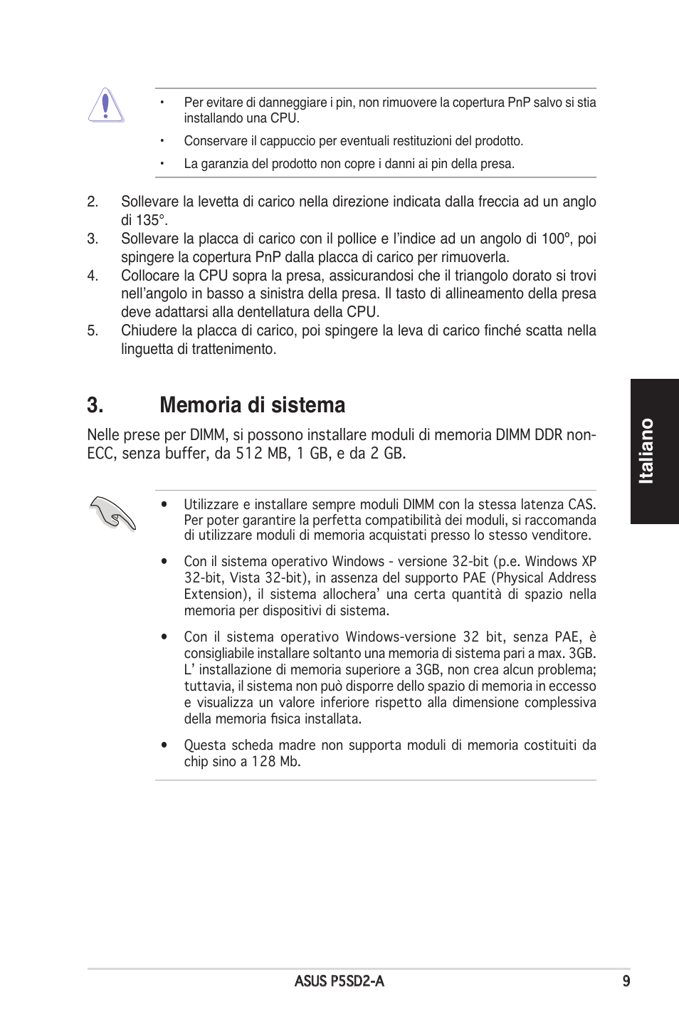 Italiano | Asus P5SD2-A User Manual | Page 9 / 38