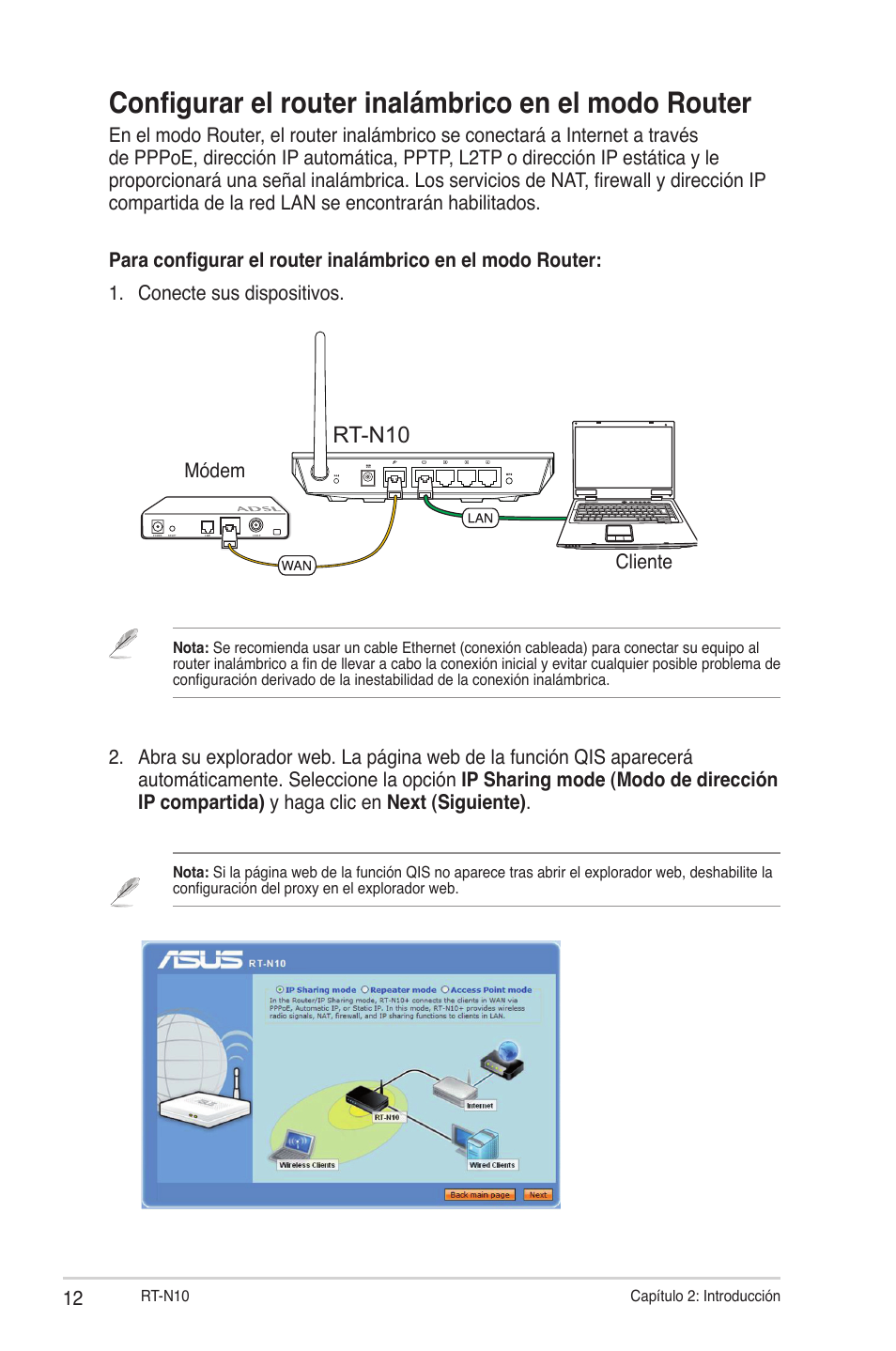 Configurar el router inalámbrico en el modo router, Rt-n10 | Asus RT-N10 (VER.C1) User Manual | Page 12 / 53