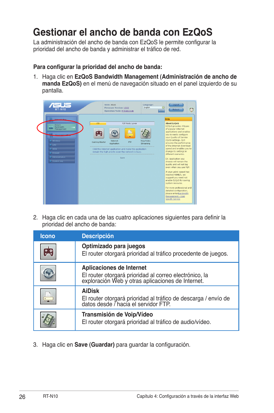 Gestionar el ancho de banda con ezqos | Asus RT-N10 (VER.C1) User Manual | Page 26 / 53