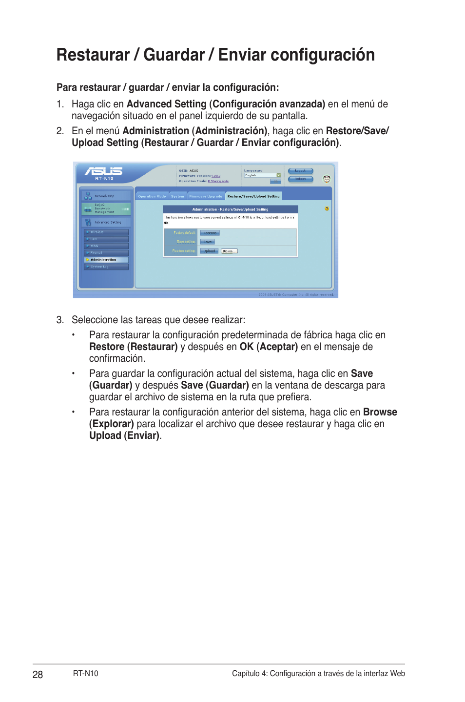 Restaurar / guardar / enviar configuración | Asus RT-N10 (VER.C1) User Manual | Page 28 / 53
