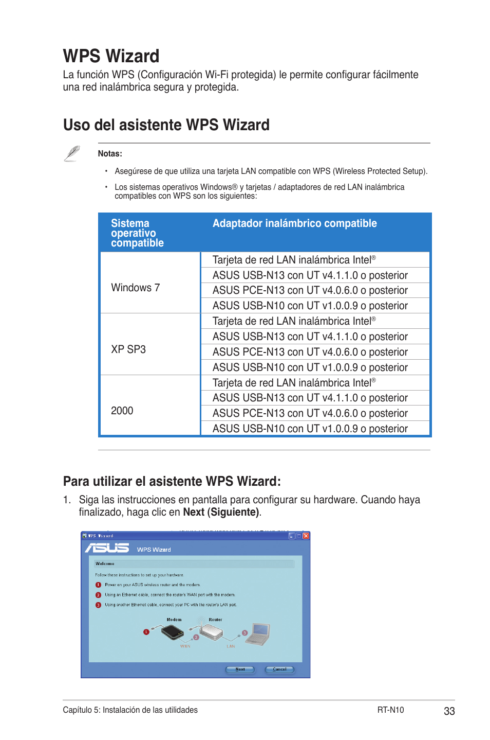 Wps wizard, Uso del asistente wps wizard, Para utilizar el asistente wps wizard | Asus RT-N10 (VER.C1) User Manual | Page 33 / 53