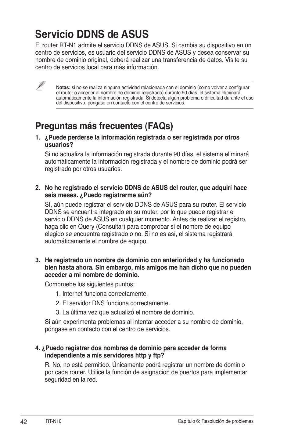 Servicio ddns de asus, Preguntas más frecuentes (faqs) | Asus RT-N10 (VER.C1) User Manual | Page 42 / 53