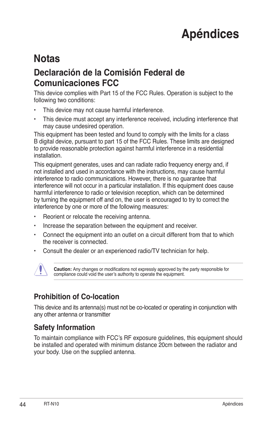 Apéndices, Notas, Prohibition of co-location | Safety information | Asus RT-N10 (VER.C1) User Manual | Page 44 / 53