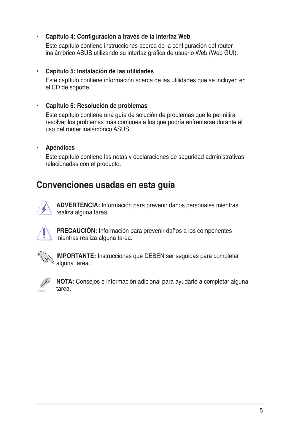 Convenciones usadas en esta guía | Asus RT-N10 (VER.C1) User Manual | Page 5 / 53