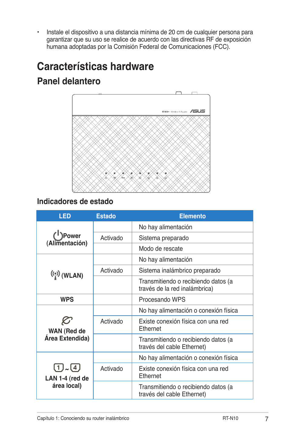 Características hardware, Panel delantero, Indicadores de estado | Asus RT-N10 (VER.C1) User Manual | Page 7 / 53
