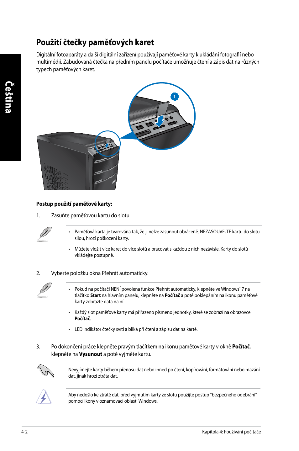 Použití čtečky paměťových karet, Použití čtečky paměťových karet -2, Če šti na če št in a če šti na če št in a | Asus CM6650 User Manual | Page 128 / 420