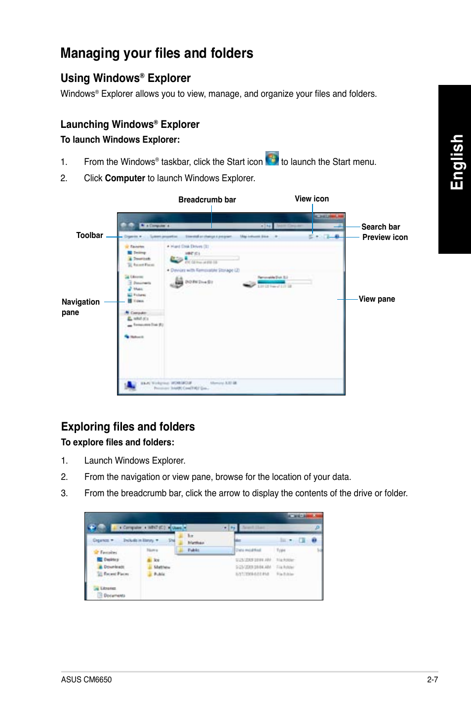 Managing your files and folders, Managing your files and folders -7, En glis h en gl is h | Asus CM6650 User Manual | Page 25 / 420