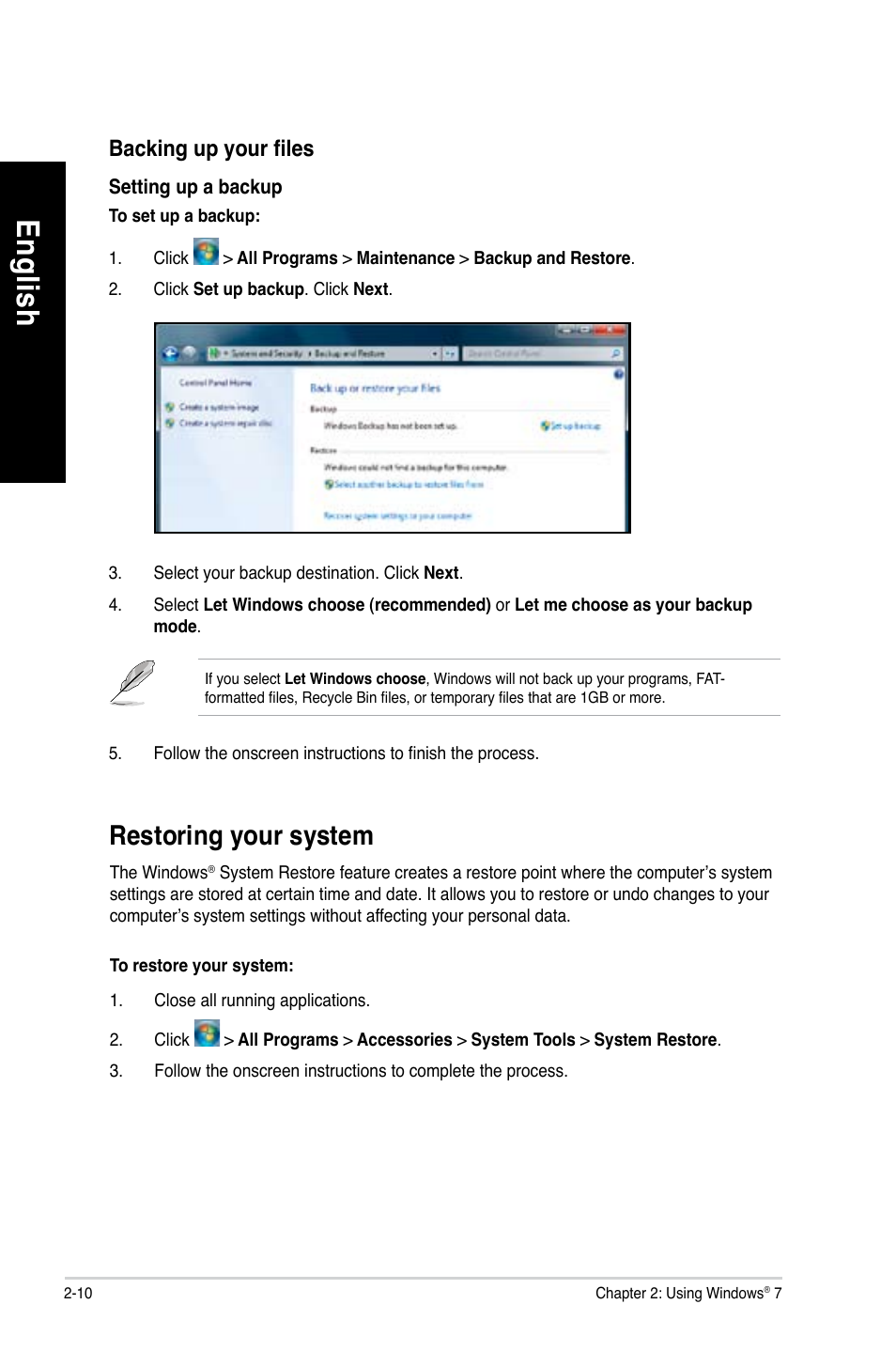 Restoring your system, Restoring your system -10, En glis h en gl is h en glis h en gl is h | Asus CM6650 User Manual | Page 28 / 420