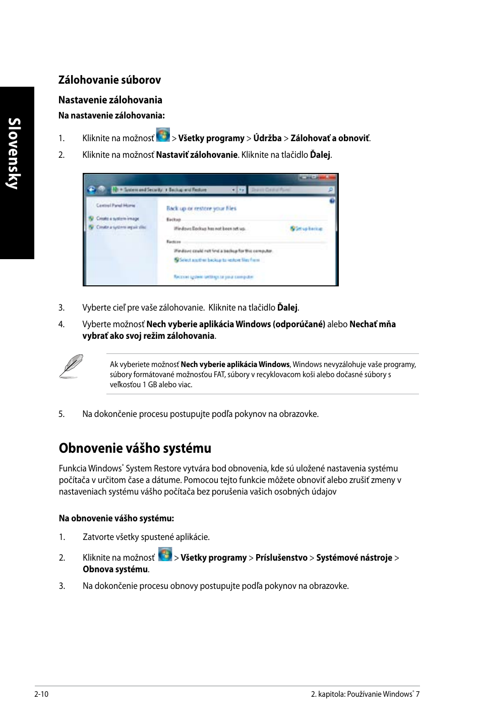 Obnovenie vášho systému, Obnovenie vášho systému -10 | Asus CM6650 User Manual | Page 280 / 420