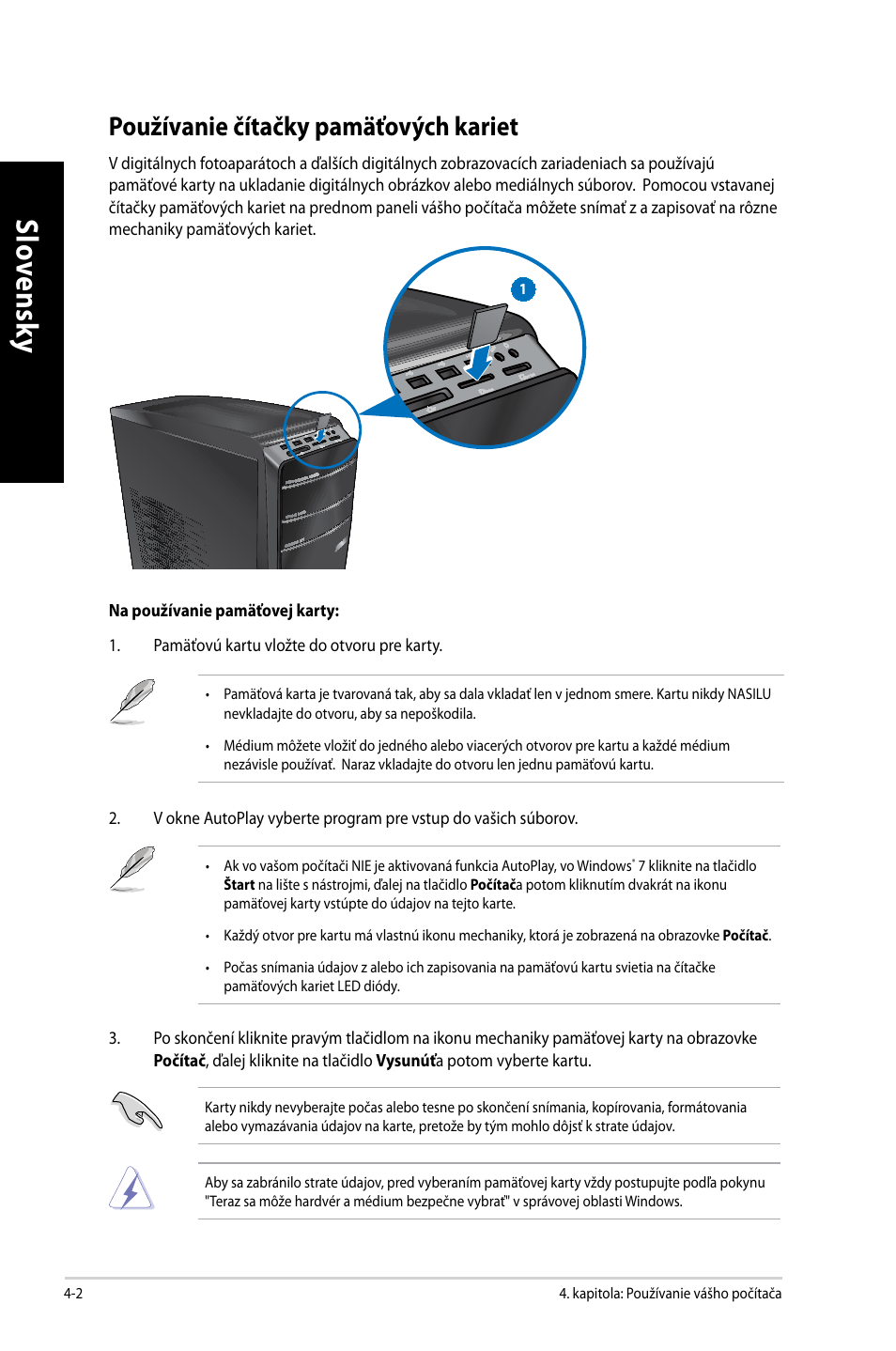 Používanie čítačky pamäťových kariet, Používanie čítačky pamäťových kariet -2 | Asus CM6650 User Manual | Page 296 / 420