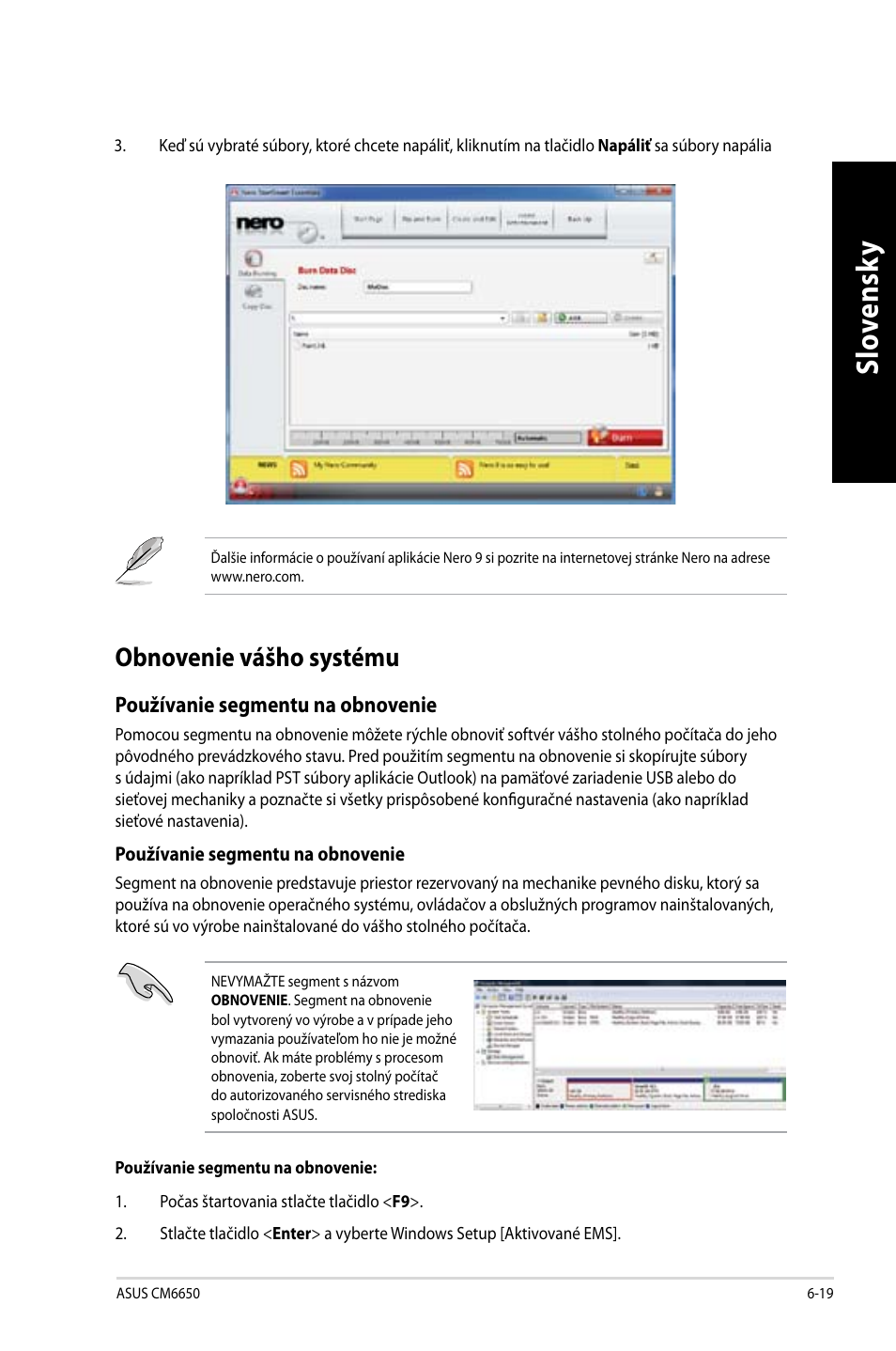 Obnovenie vášho systému, Obnovenie vášho systému -19 | Asus CM6650 User Manual | Page 327 / 420