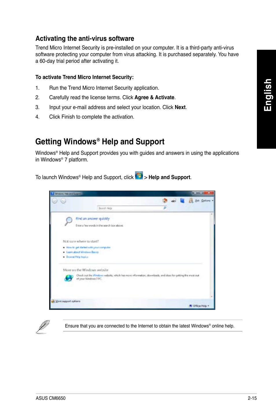 Getting windows® help and support, Getting windows, Help and support -15 | En glis h en gl is h, Help and support | Asus CM6650 User Manual | Page 33 / 420