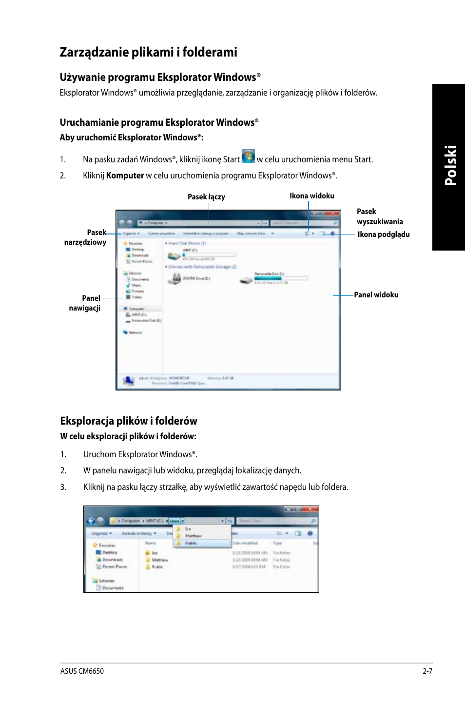 Zarządzanie plikami i folderami, Zarządzanie plikami i folderami -7, Po lsk i po ls ki | Asus CM6650 User Manual | Page 361 / 420