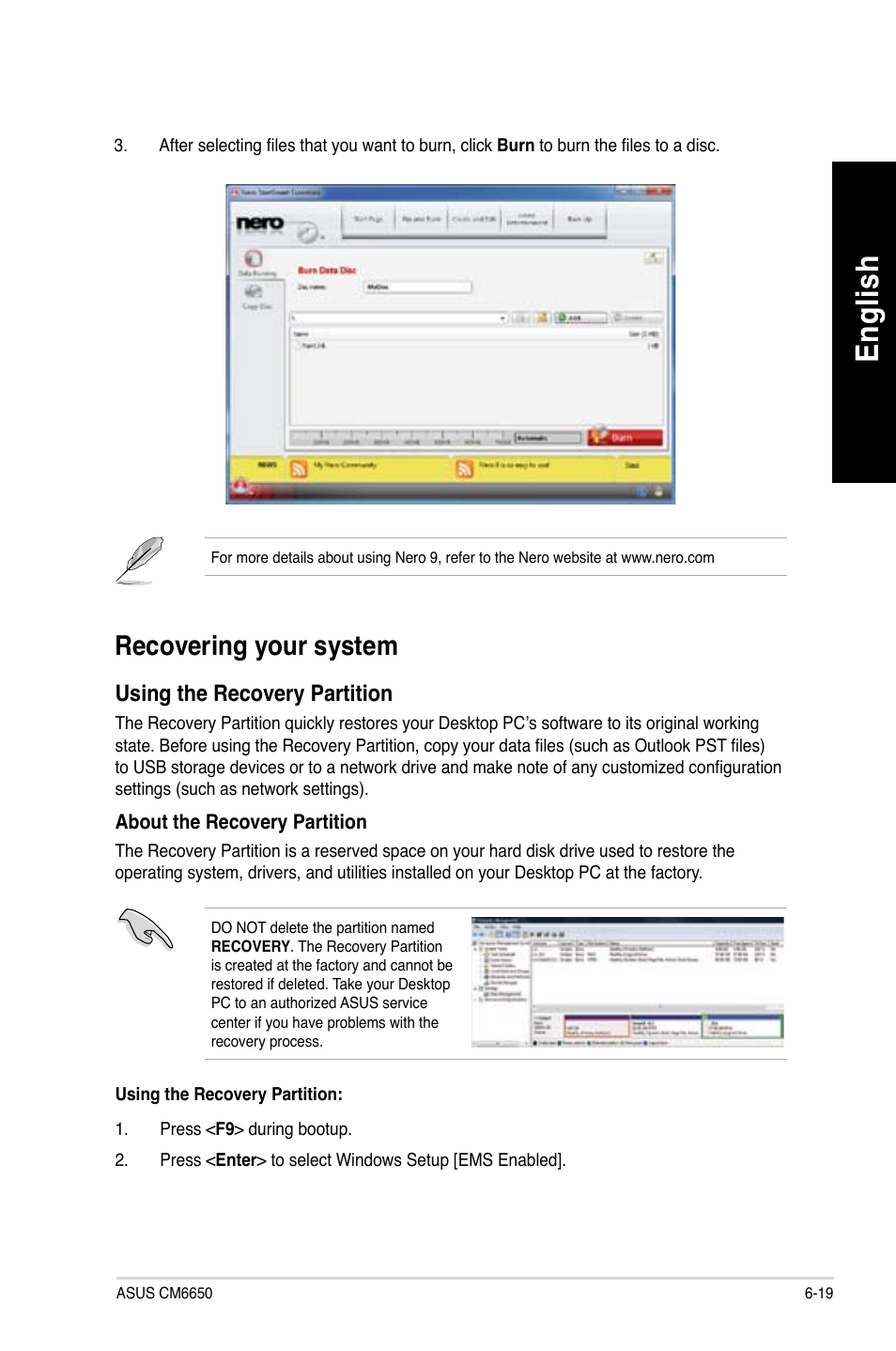 Recovering your system, Recovering your system -19, En glis h en gl is h en glis h en gl is h | Asus CM6650 User Manual | Page 75 / 420