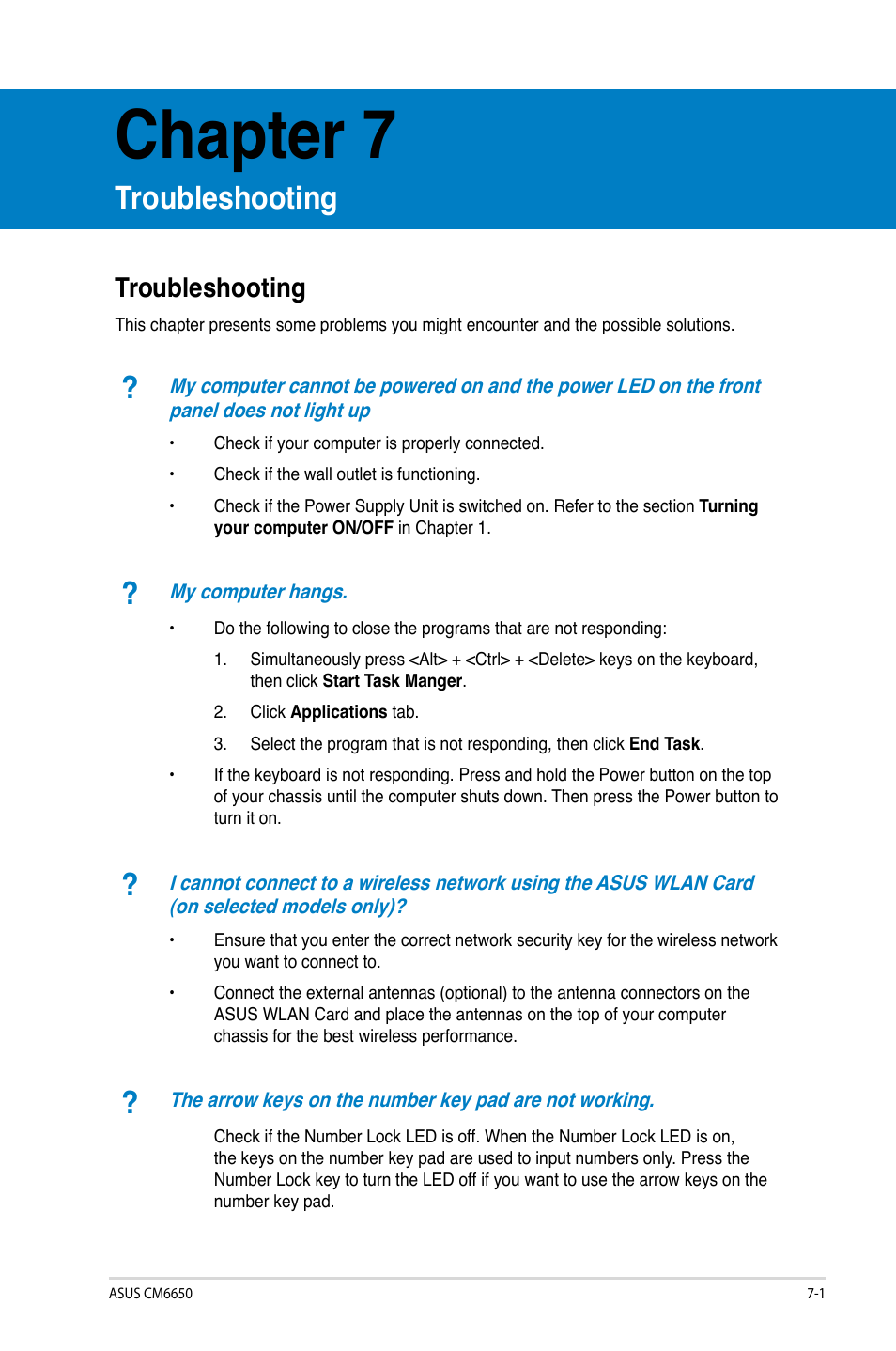 Chapter 7, Troubleshooting, Troubleshooting -1 | Asus CM6650 User Manual | Page 77 / 420