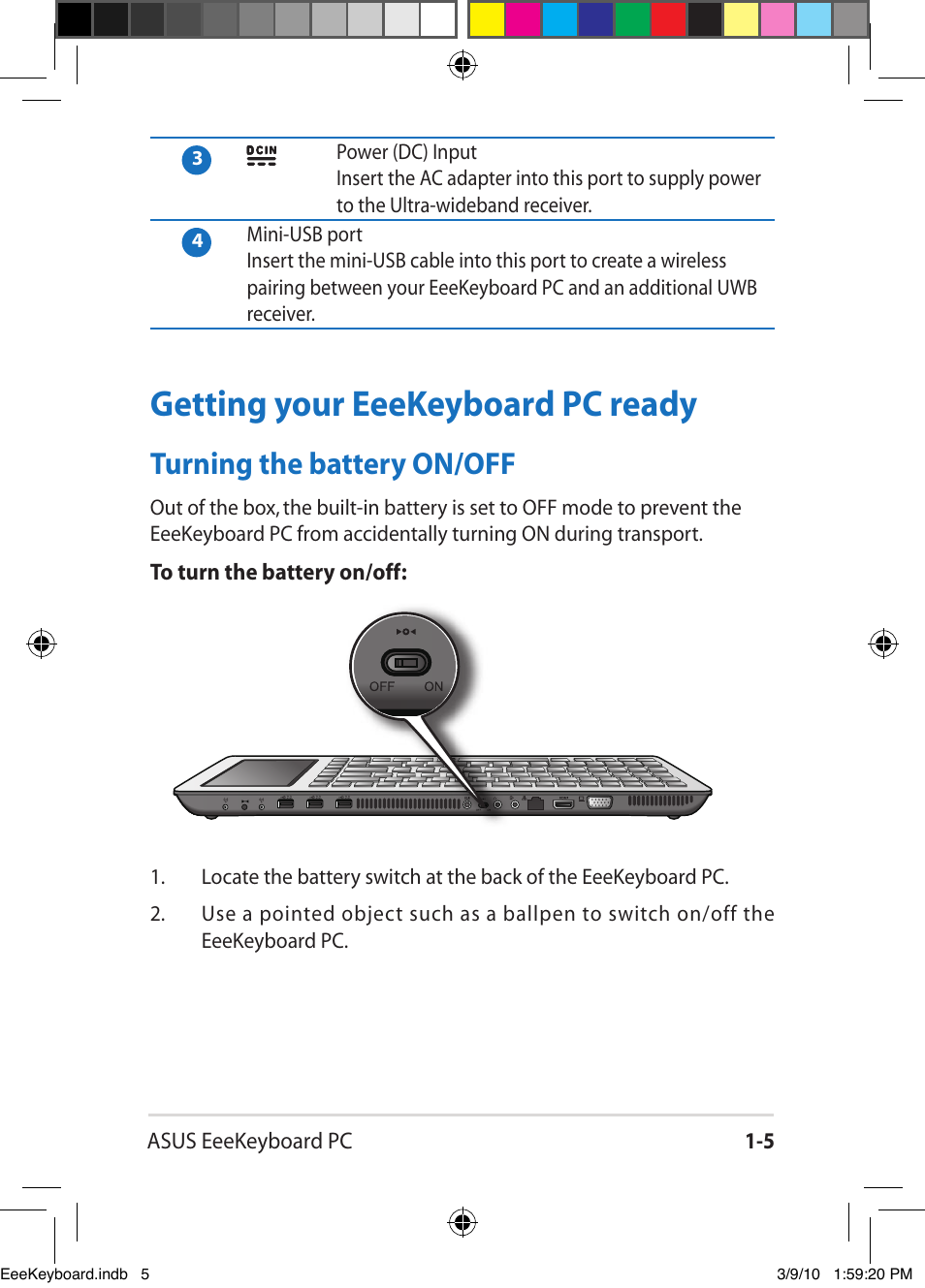 Getting your eeekeyboard pc ready -5, Turning the battery on/off -5, Getting your eeekeyboard pc ready | Turning the battery on/off | Asus EK1542 User Manual | Page 12 / 48