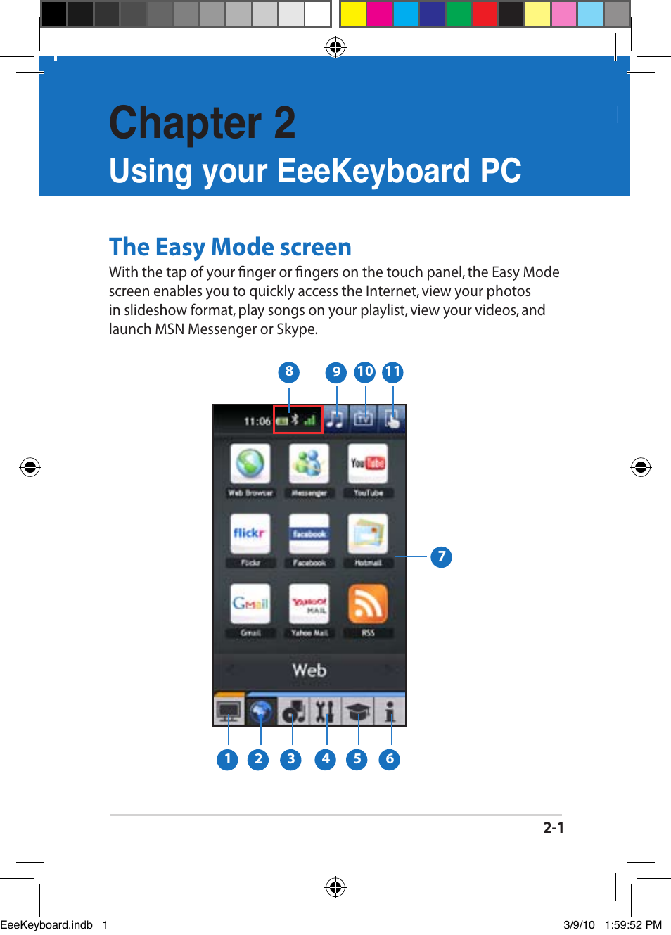 Chapter 2, Using your eeekeyboard pc, The easy mode screen -1 | The easy mode screen | Asus EK1542 User Manual | Page 21 / 48