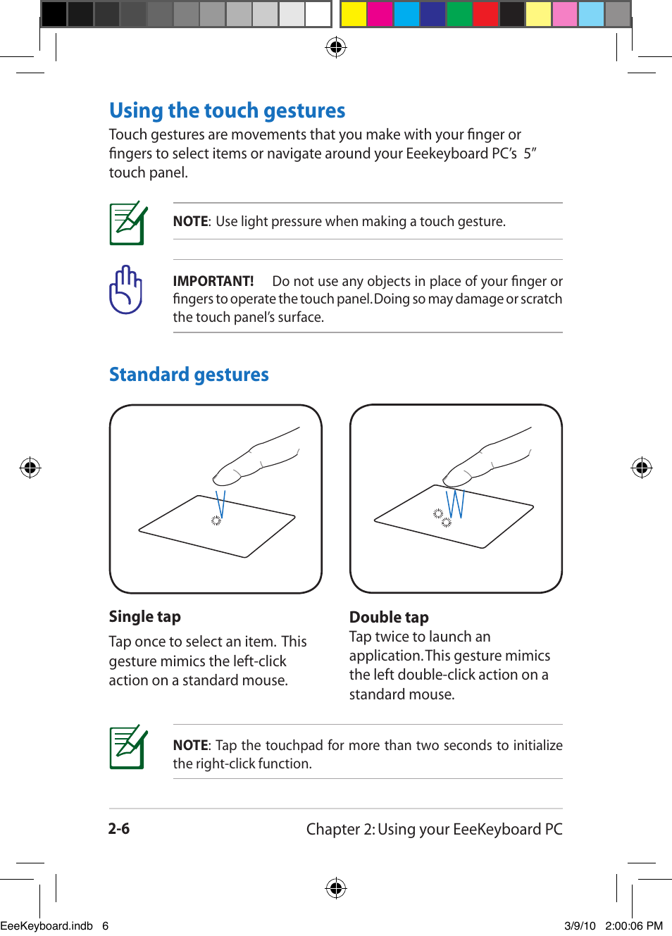 Using the touch gestures -6, Using the touch gestures, Standard gestures | Asus EK1542 User Manual | Page 26 / 48