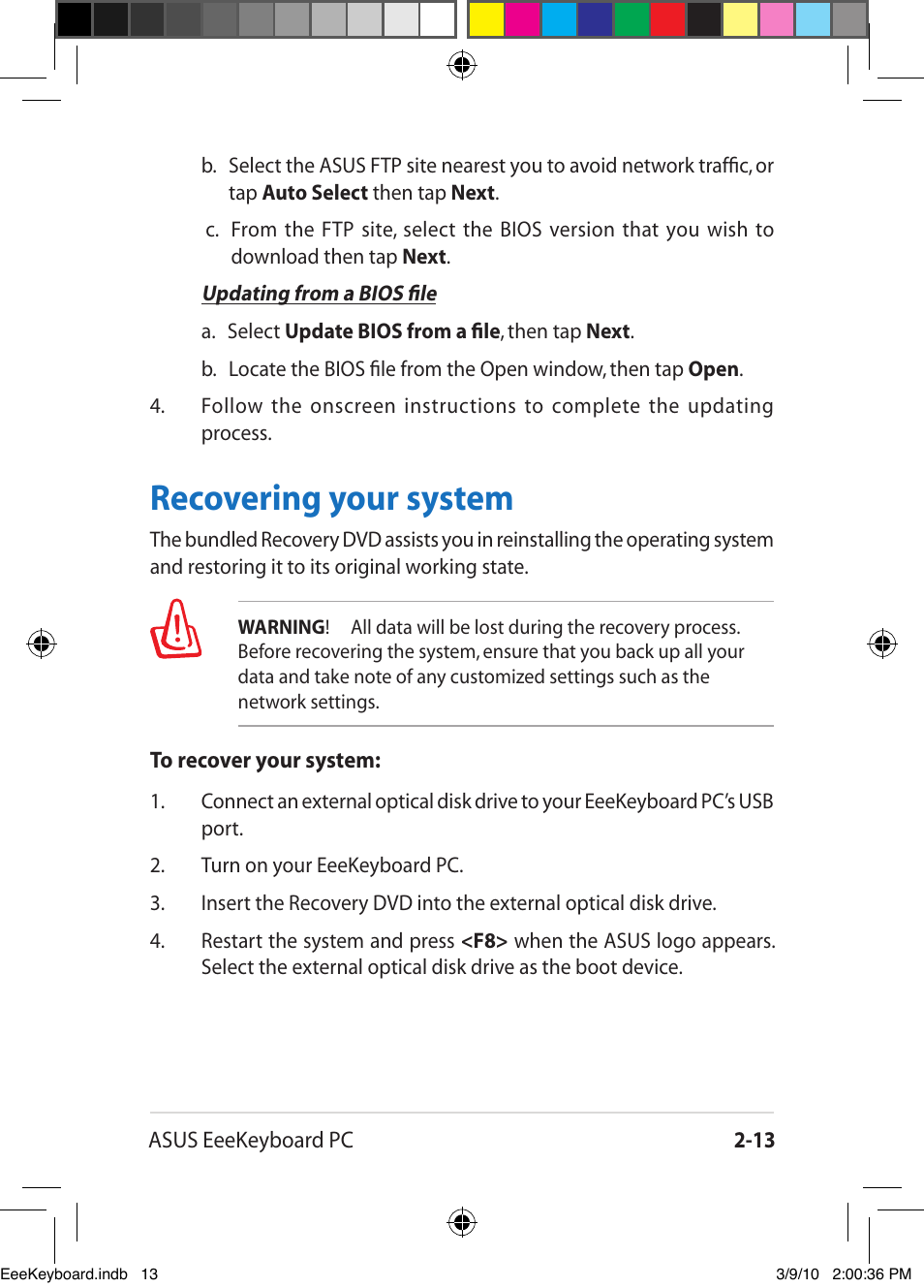 Recovering your system -13, Recovering your system | Asus EK1542 User Manual | Page 33 / 48