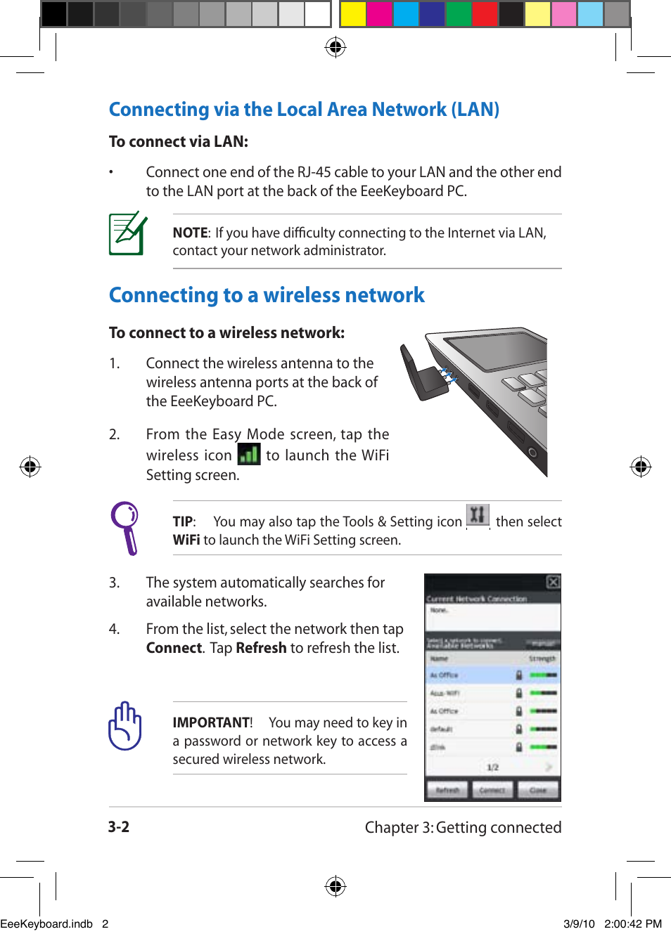 Connecting to a wireless network -2, Connecting to a wireless network, Connecting via the local area network (lan) | Asus EK1542 User Manual | Page 36 / 48