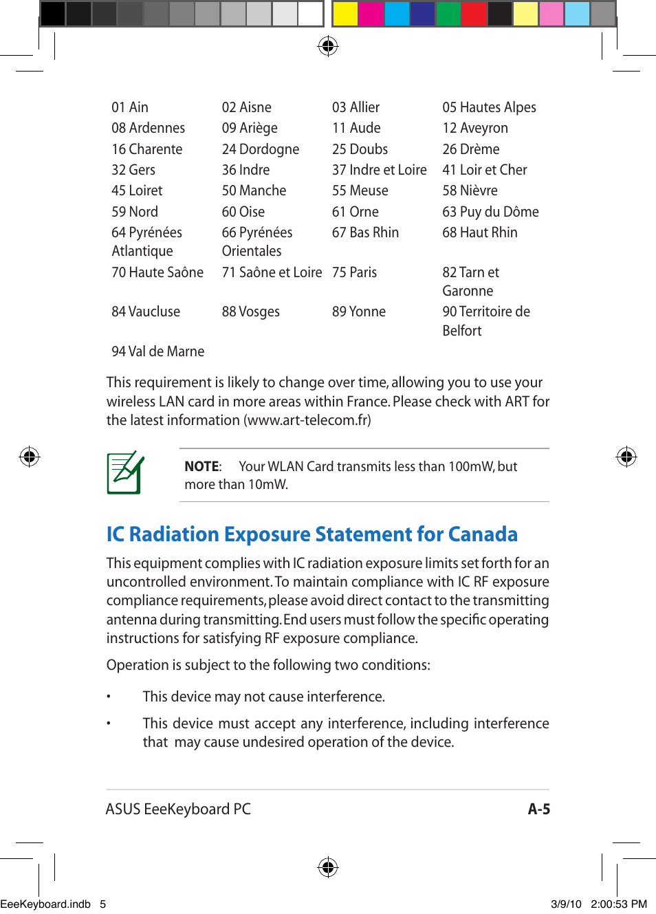 Ic radiation exposure statement for canada | Asus EK1542 User Manual | Page 46 / 48