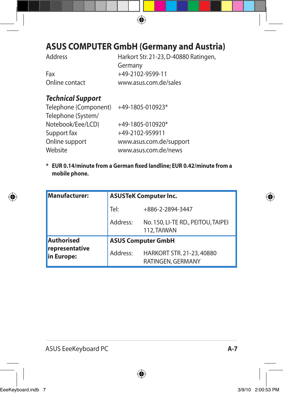 Asus computer gmbh (germany and austria) | Asus EK1542 User Manual | Page 48 / 48