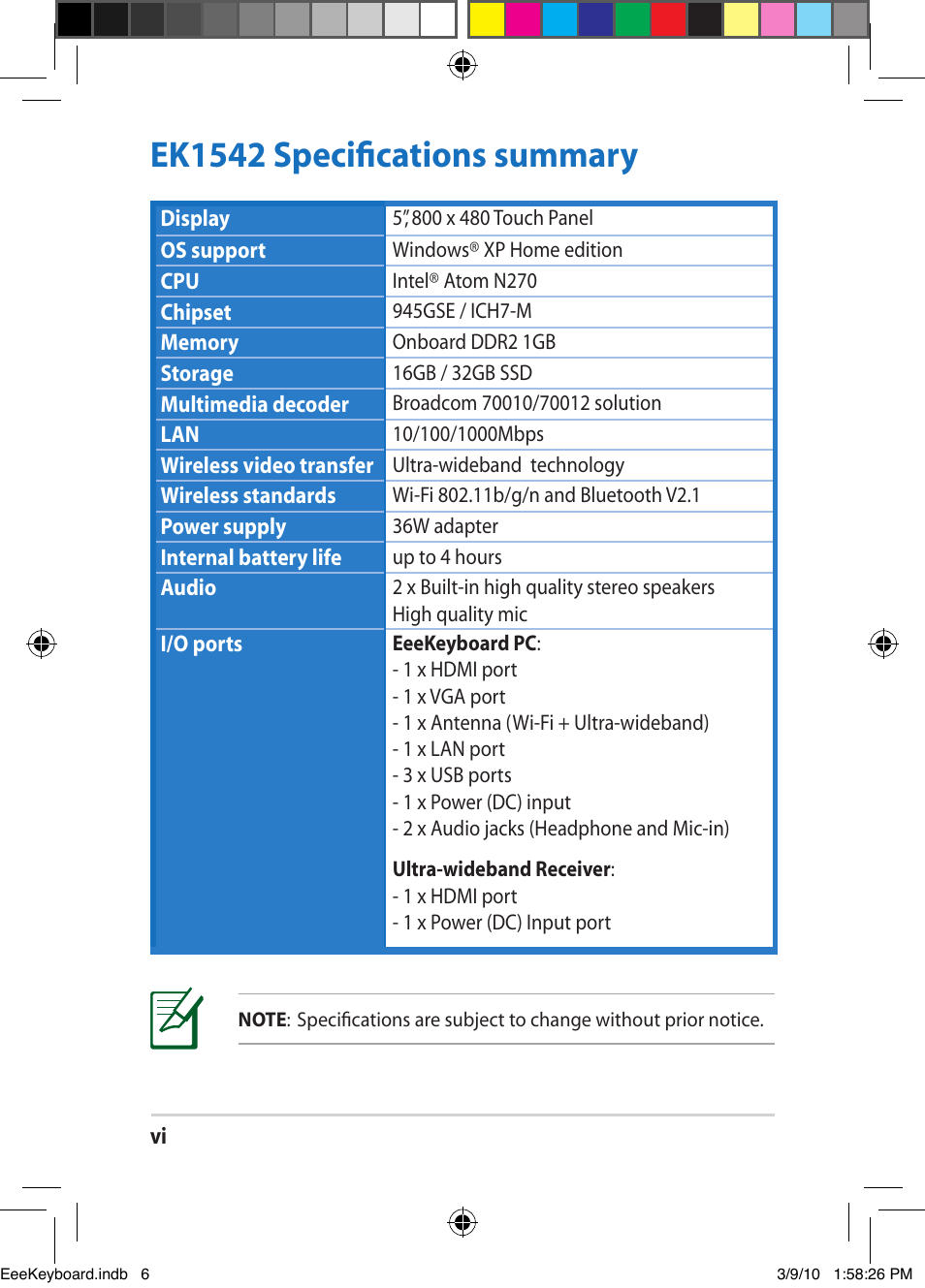 Ek1542 specifications summary | Asus EK1542 User Manual | Page 6 / 48