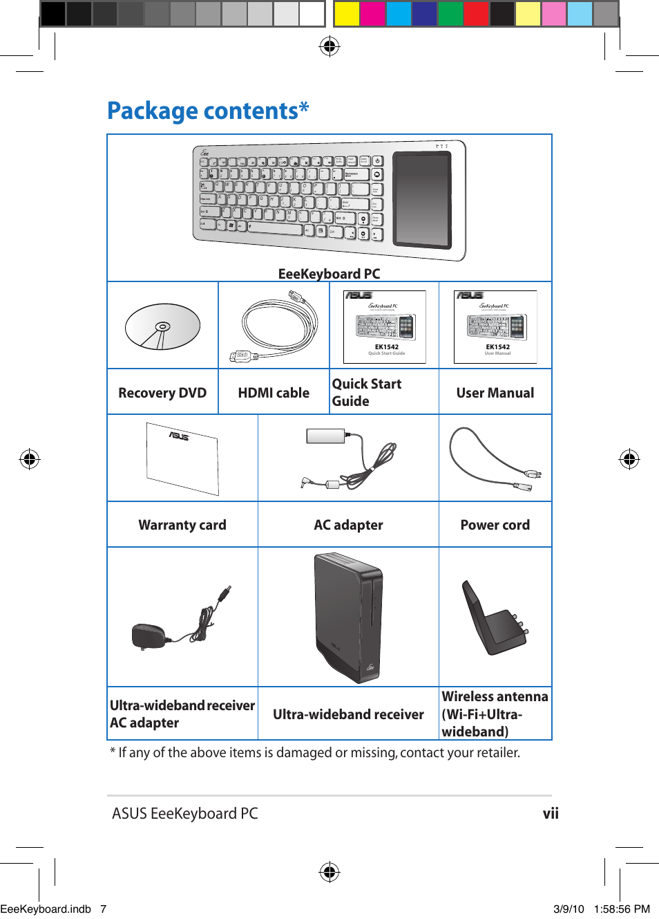 Package contents, Asus eeekeyboard pc vii, Eeekeyboard pc | Asus EK1542 User Manual | Page 7 / 48